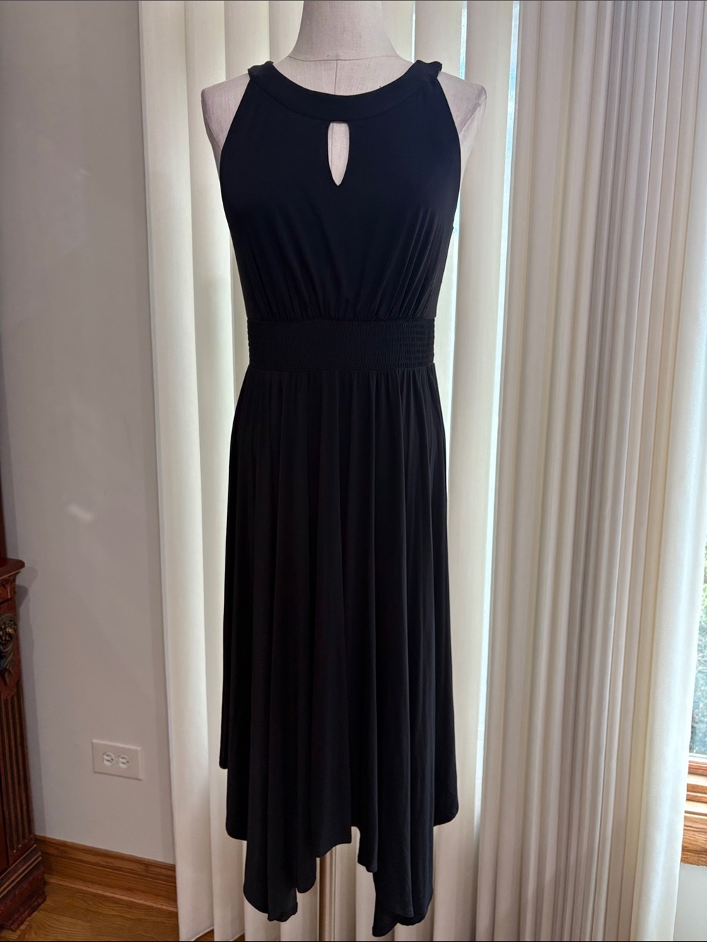 Soma Black halter like neck smock waist handkerchief hem Dress Jersey stretch M
